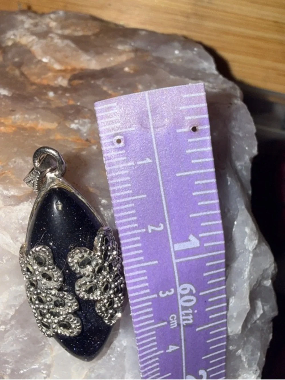 Vintage Sterling Silver Marcasite Blue Goldstone Pendant